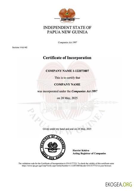 Modèle Word et PDF de certificat de constitution de Papouasie Nouvelle Guinée